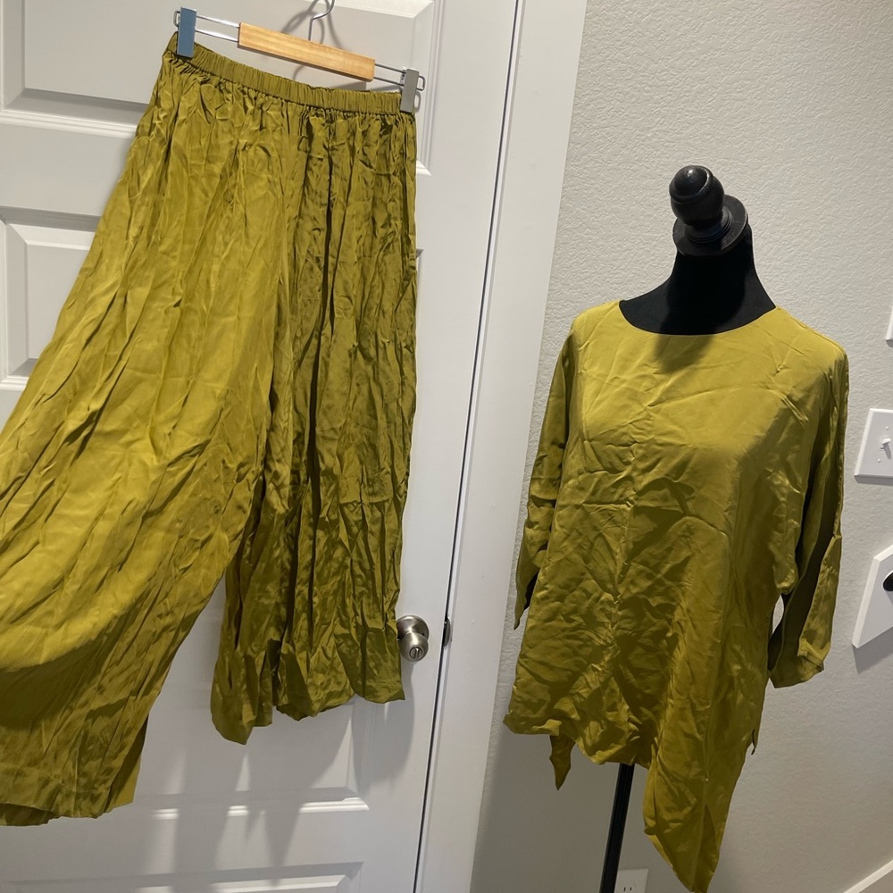 JAPANALIA 100% silk handmade lagenlook 2pc set asymmetrical blouse and pant OS